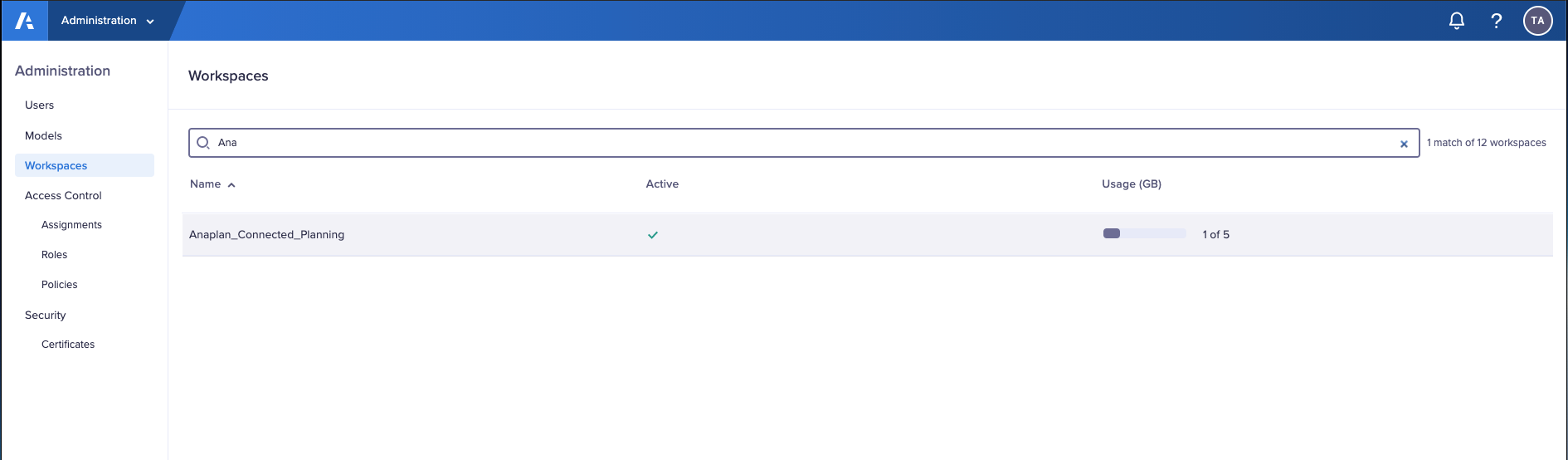 The search function on the Workspaces tab in the Administration console.  The search filters results based on the letters "Ana" to show only the Anaplan_Connected_Planning entry.