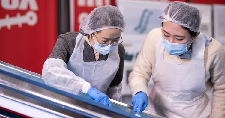 Two people dry cleaning in white Personal Protective Equipment (PPE)