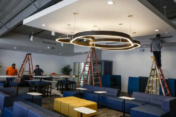 Finishing touches are put on in the lounge area at CFS Institute in New Orleans 