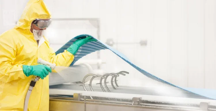 Person in PPE lifting a conveyor belt to clean the conveyor frame with a hose