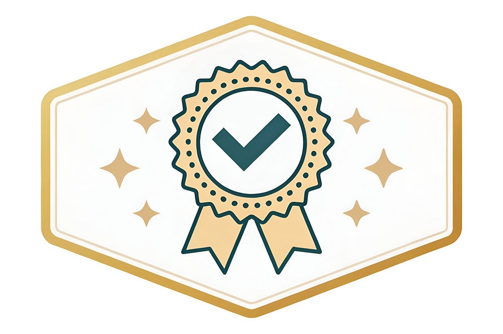 A gold and green badge with a check mark