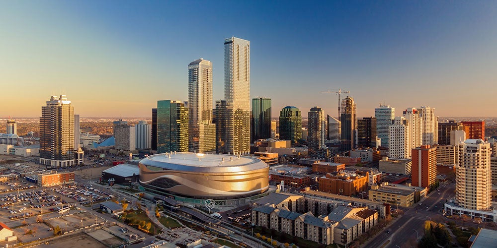 A large city with a large round building