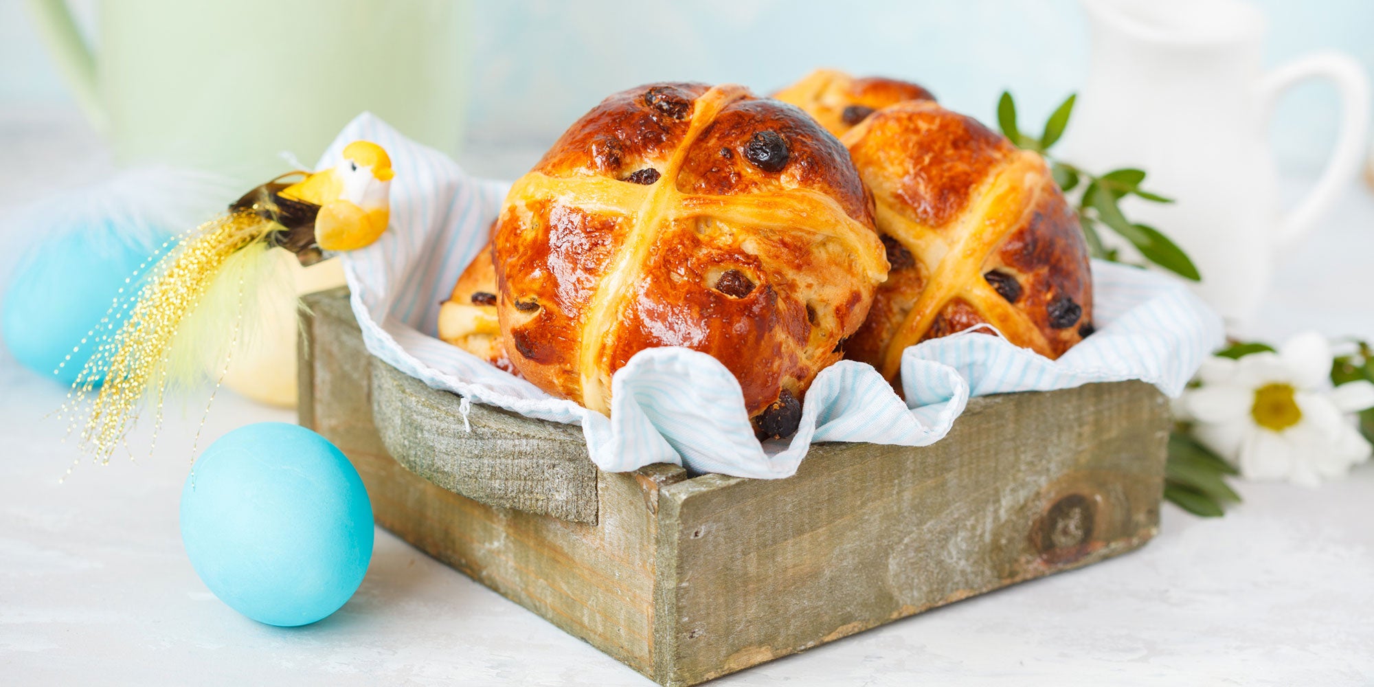 A basket of hot cross buns