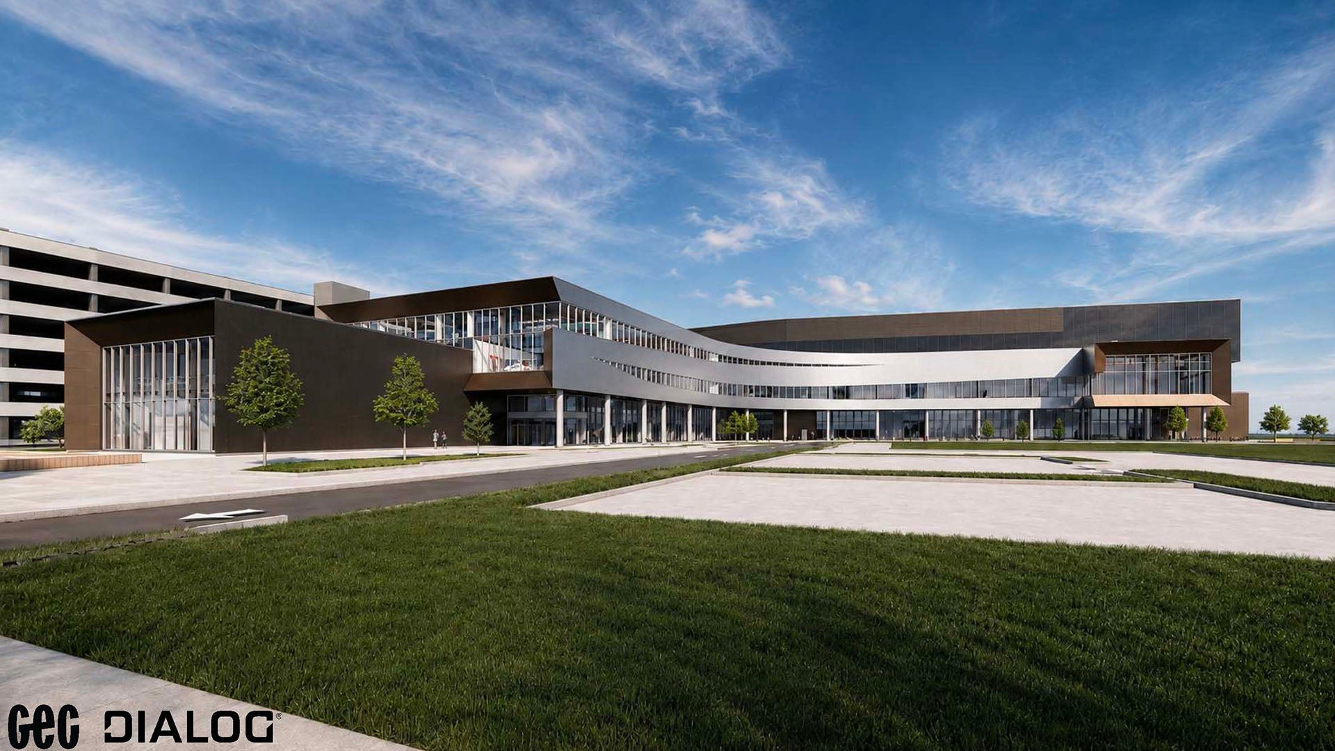 Rendering of the exterior of the NAIT Advanced Skills Centre.