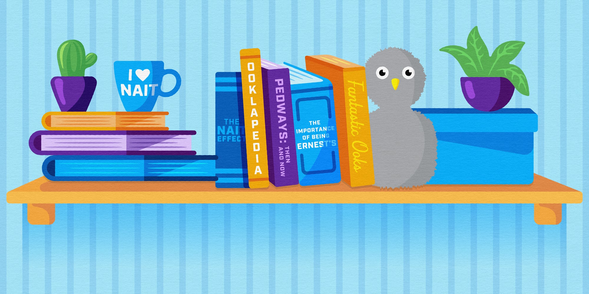 A shelf with books and a bird