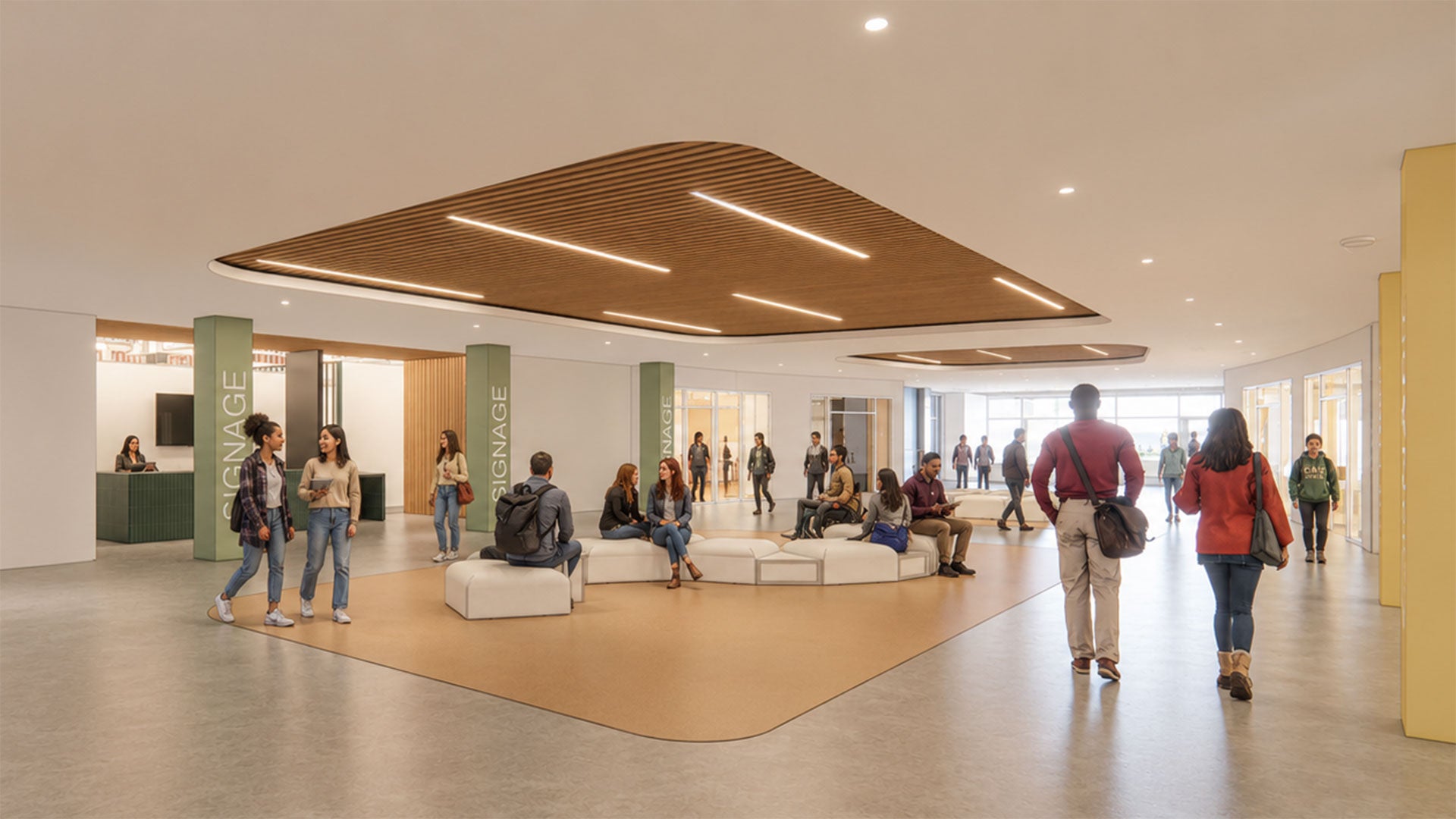 Architectural rendering of a modern, spacious lobby with wood-accent ceiling features, seating areas, and people moving through a bright, open interior space.