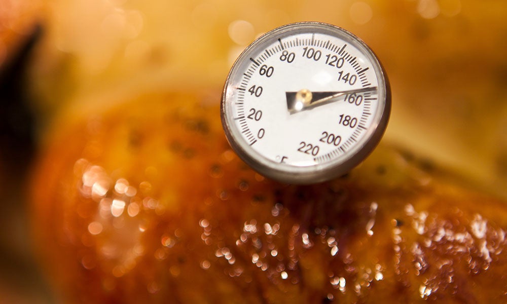Close-up of a meat thermometer inserted into a roasted poultry dish, displaying the internal cooking temperature.