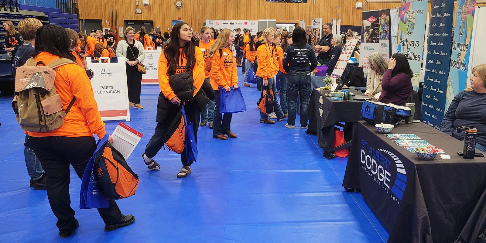 A group of people in orange jackets