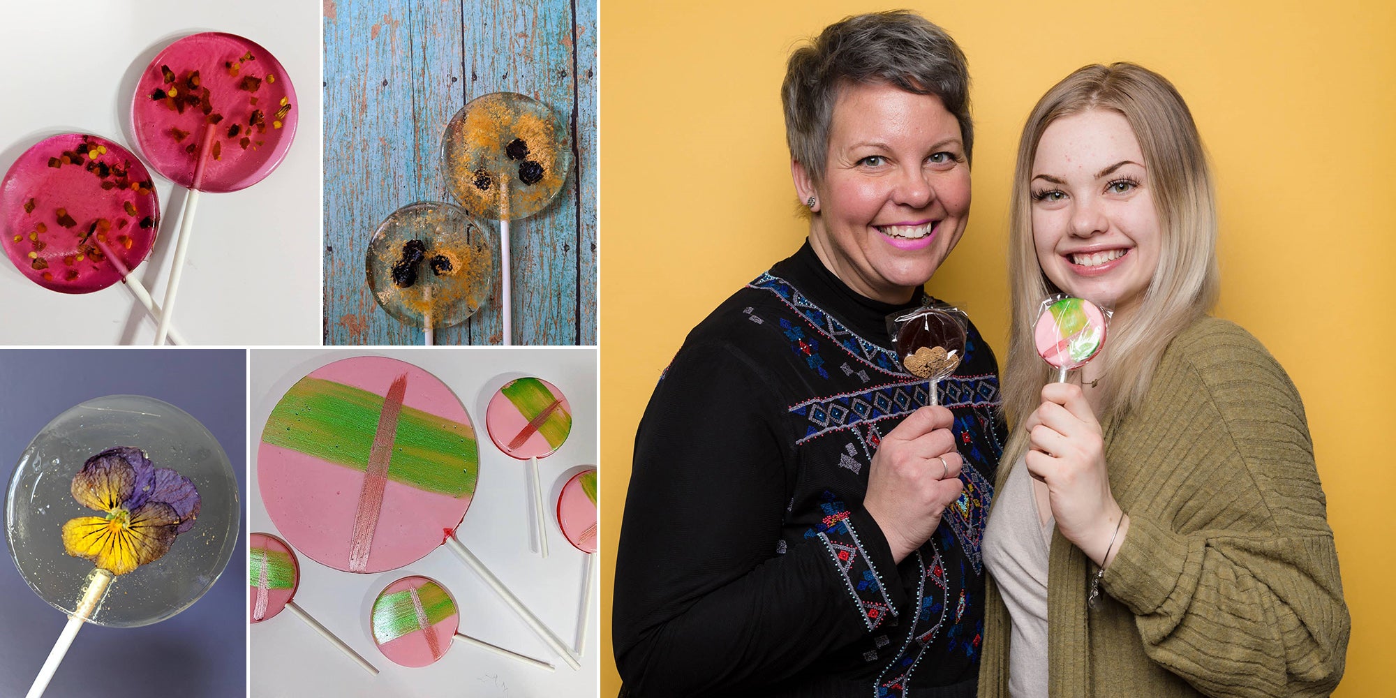 A collage of two women holding lollipops