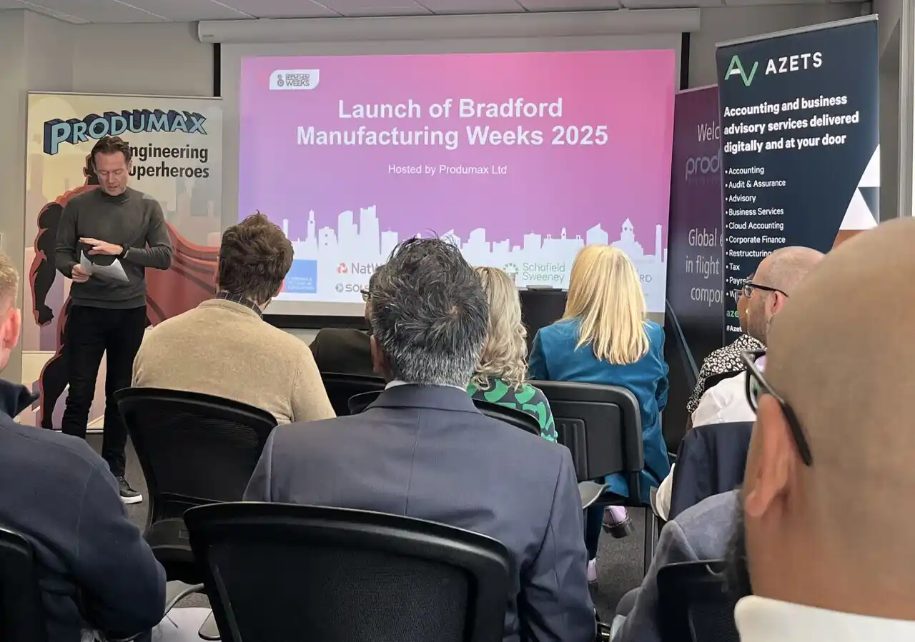 A man presents to an audience for the launch of Bradford Manufacturing Weeks 2025