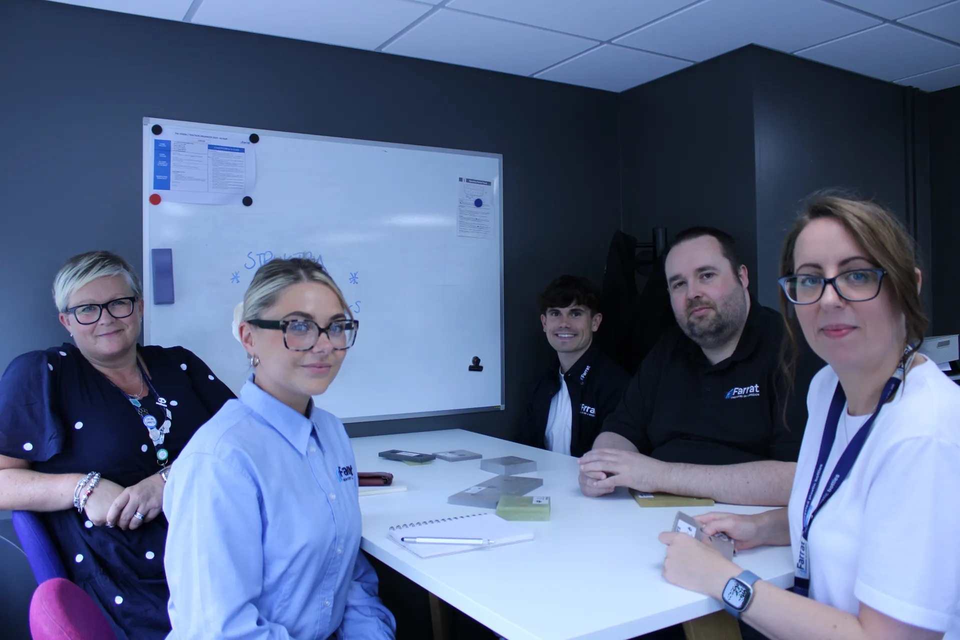 A group of Farrat workers sitting at a table with a whiteboard in the background