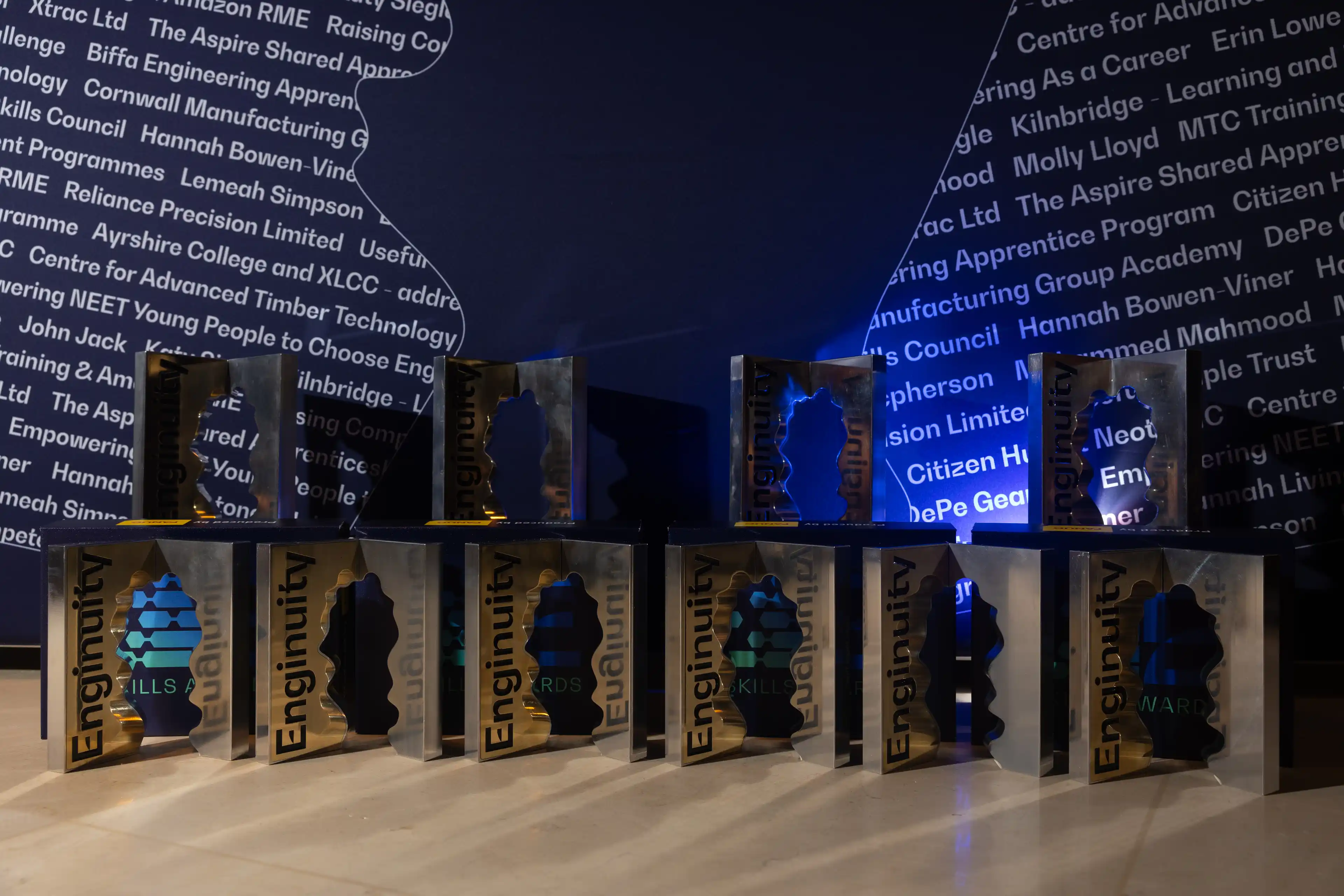 Trophies on table for Enginuity Skills Awards 2025 winners