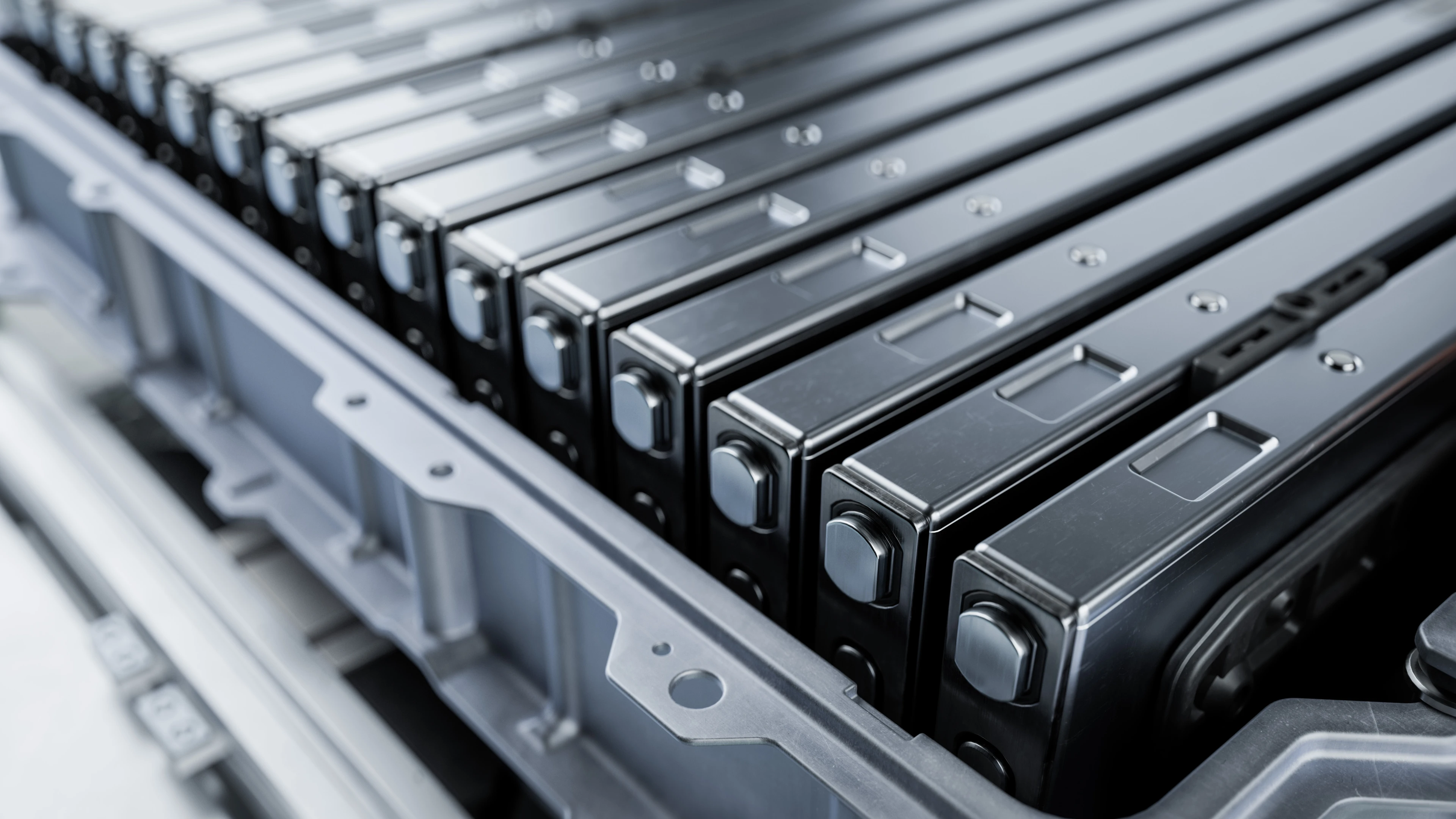 Close-up of High-voltage Rectangular Battery Cells for Electric Vehicle or Hybrid Car. EV Battery Module for Automotive Industry. High Performance and High Capacity Blade Battery
