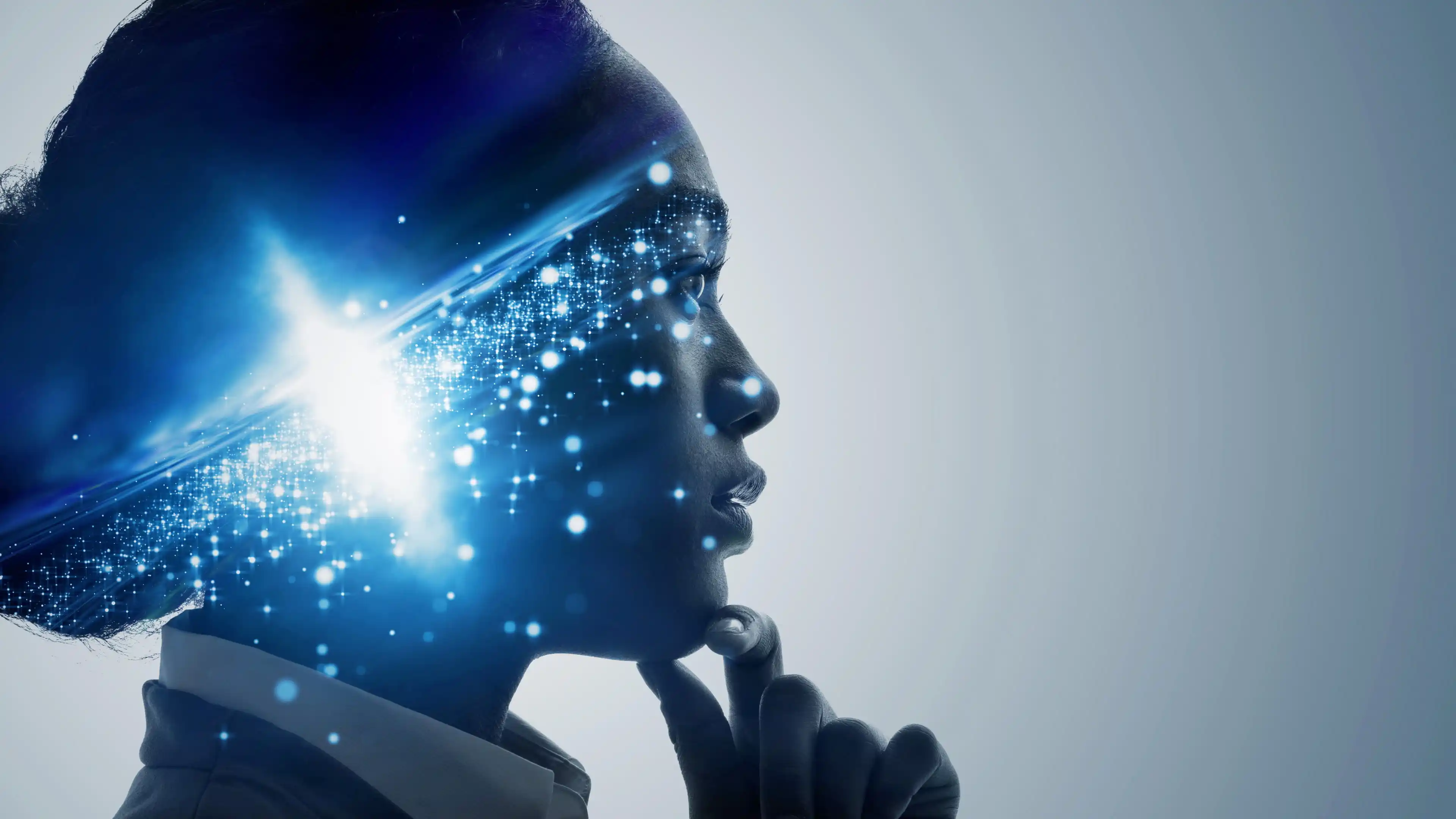 AI-generated person thinking with blue sparks inside their head.