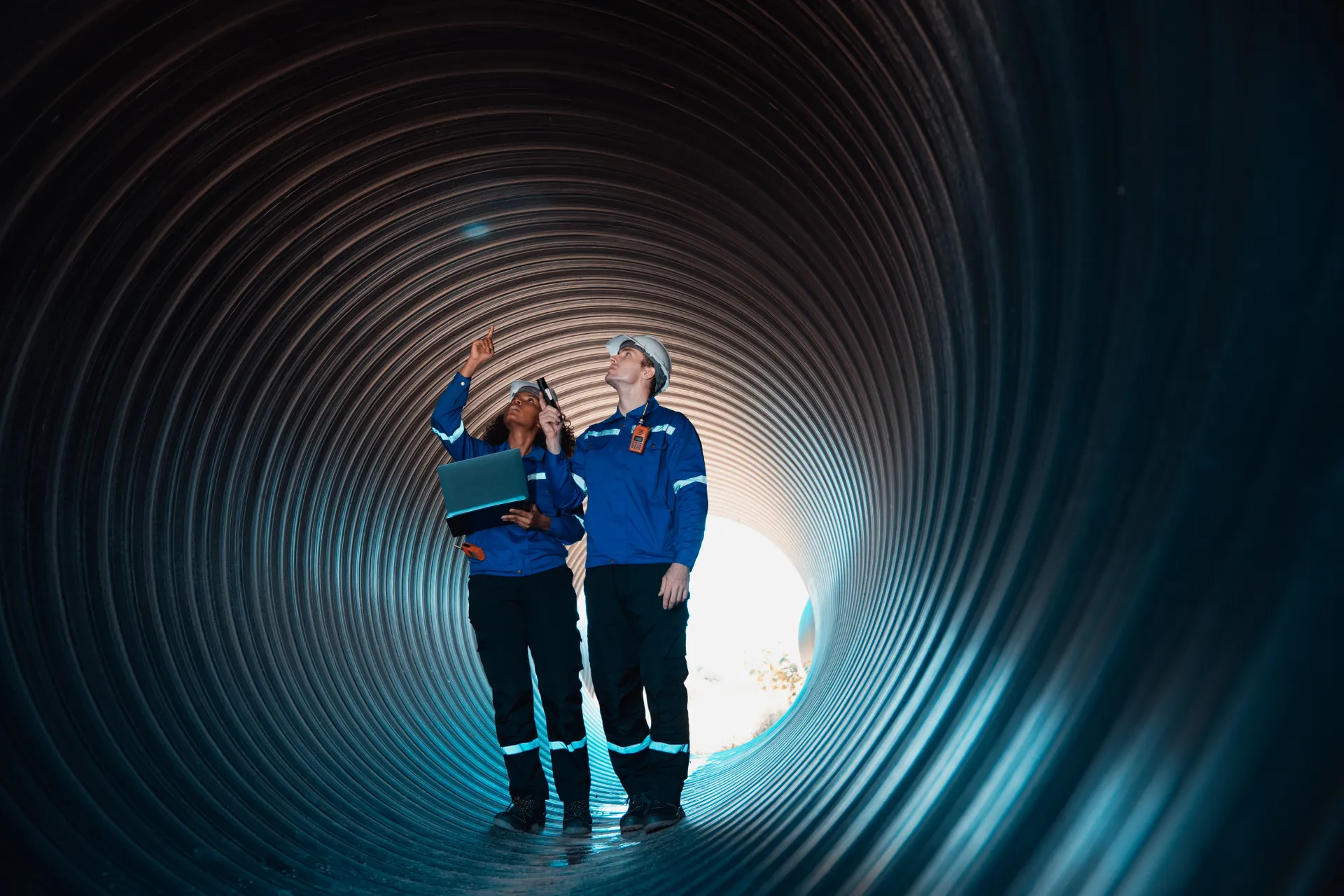 Engineers working inside a pipe