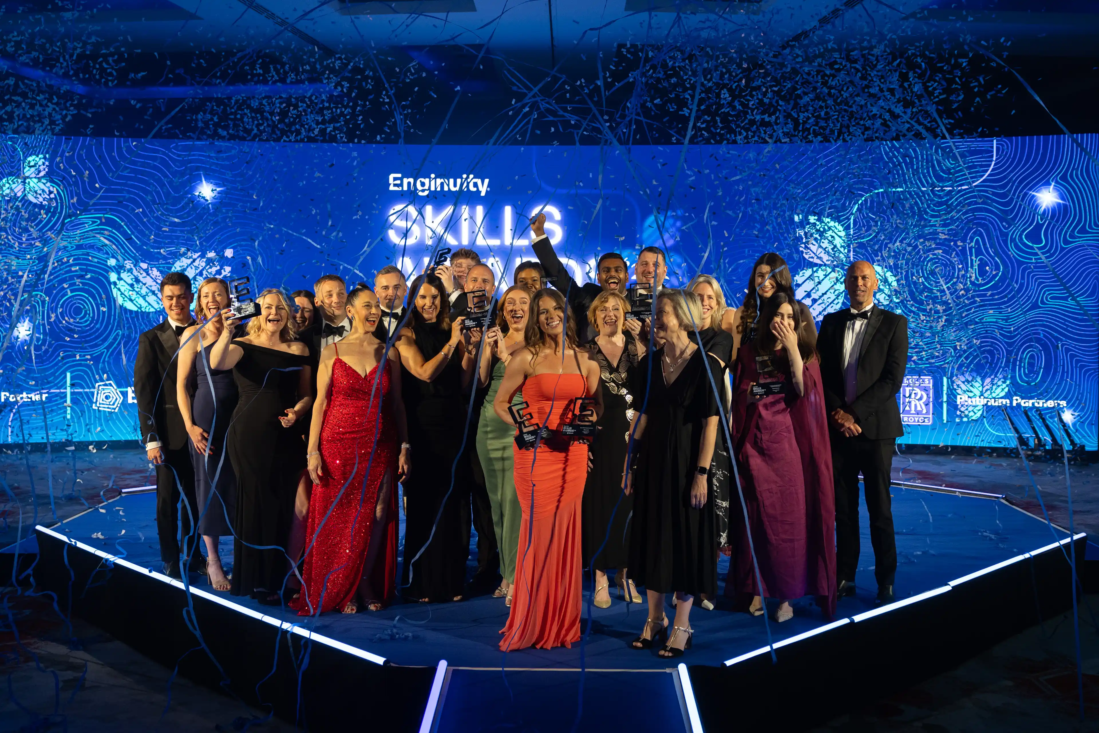 Skills Awards 2026 winners on stage with confetti. 