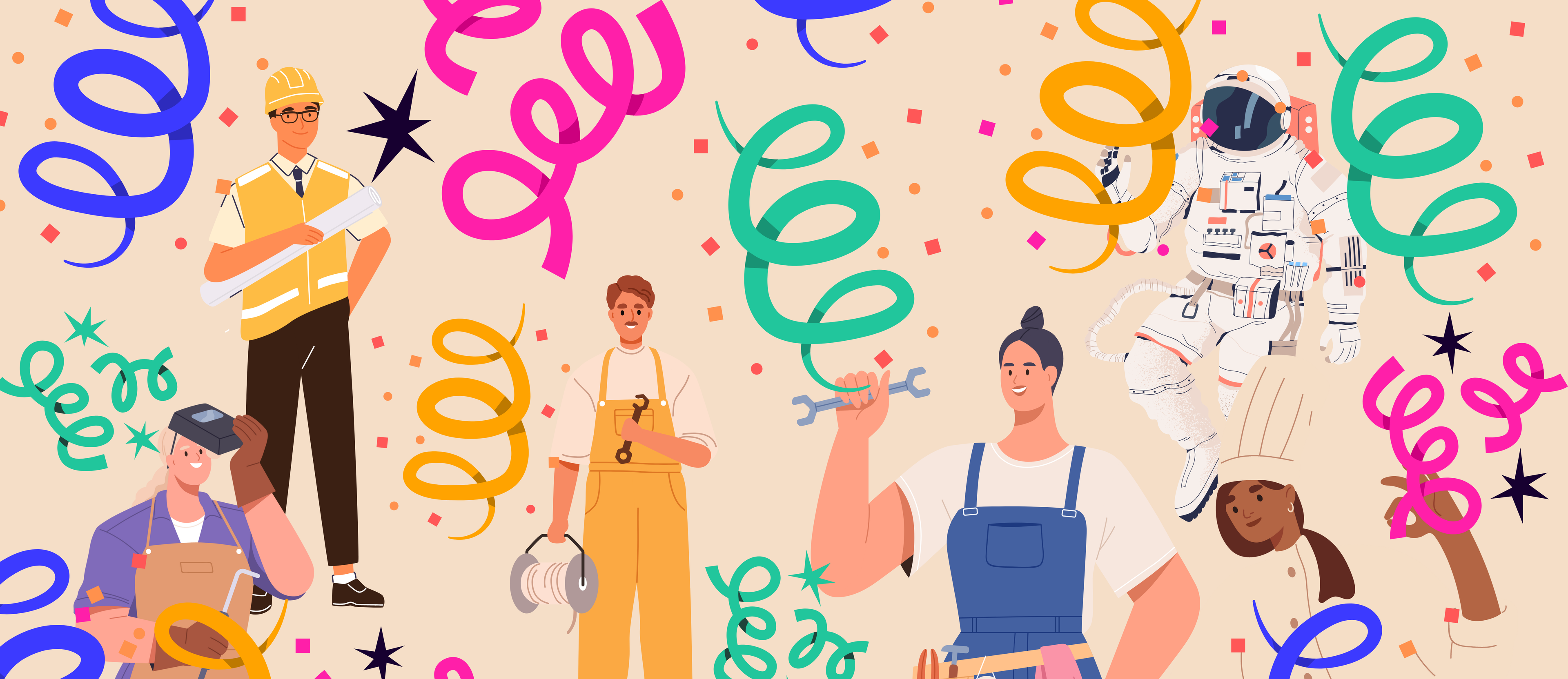 Animated graphic of graduation caps and celebration poppers