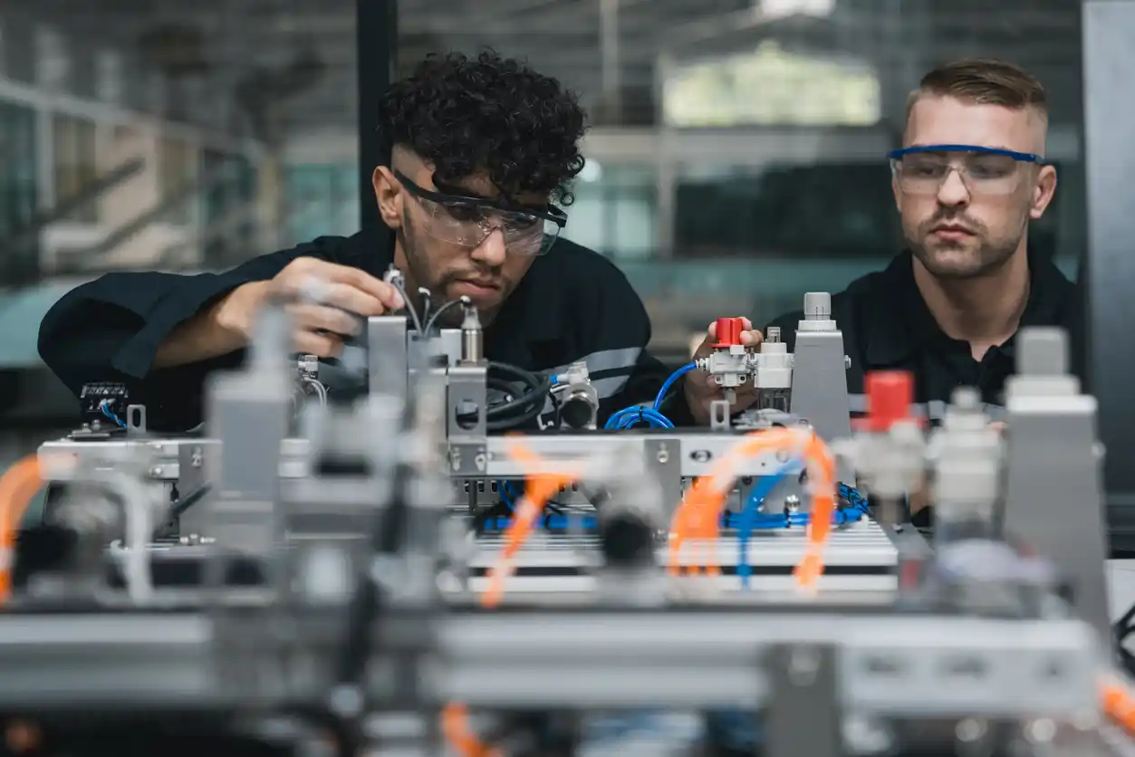 Student engineer assembling robotic arm