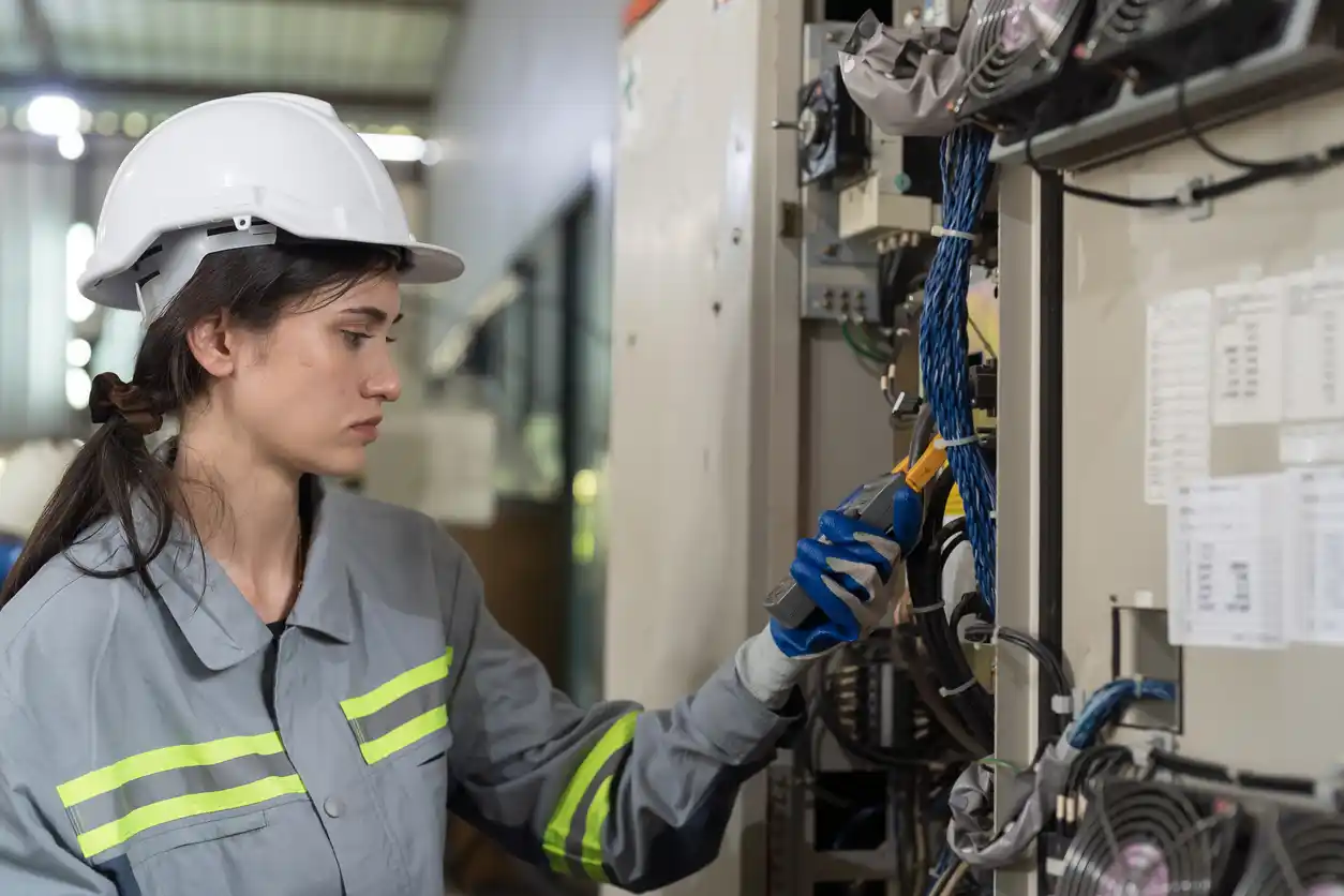 Female electrician worker checking, repair, maintenance operation electric system in the factory