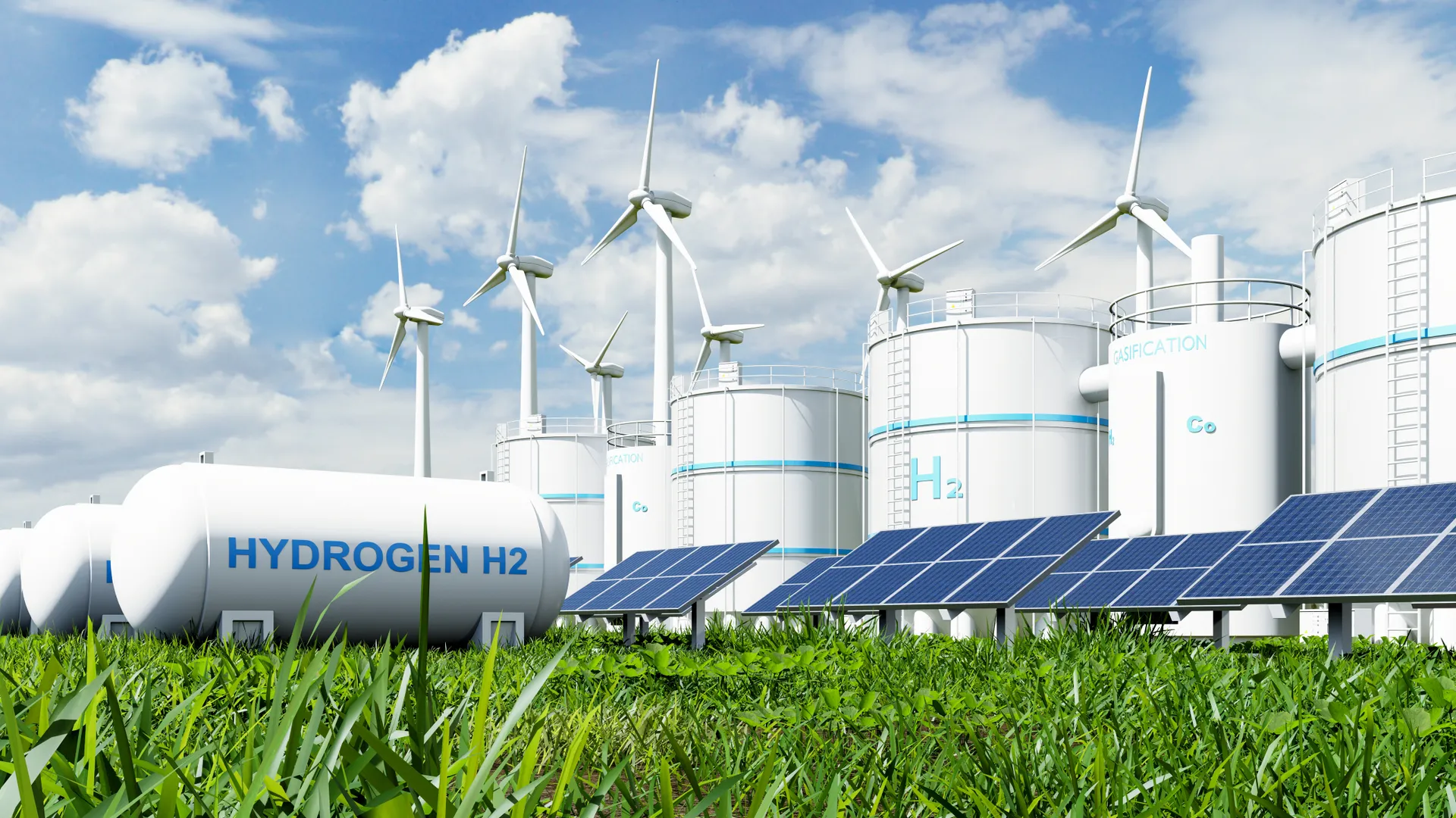 Hydrogen energy plant with wind turbines and solar panels