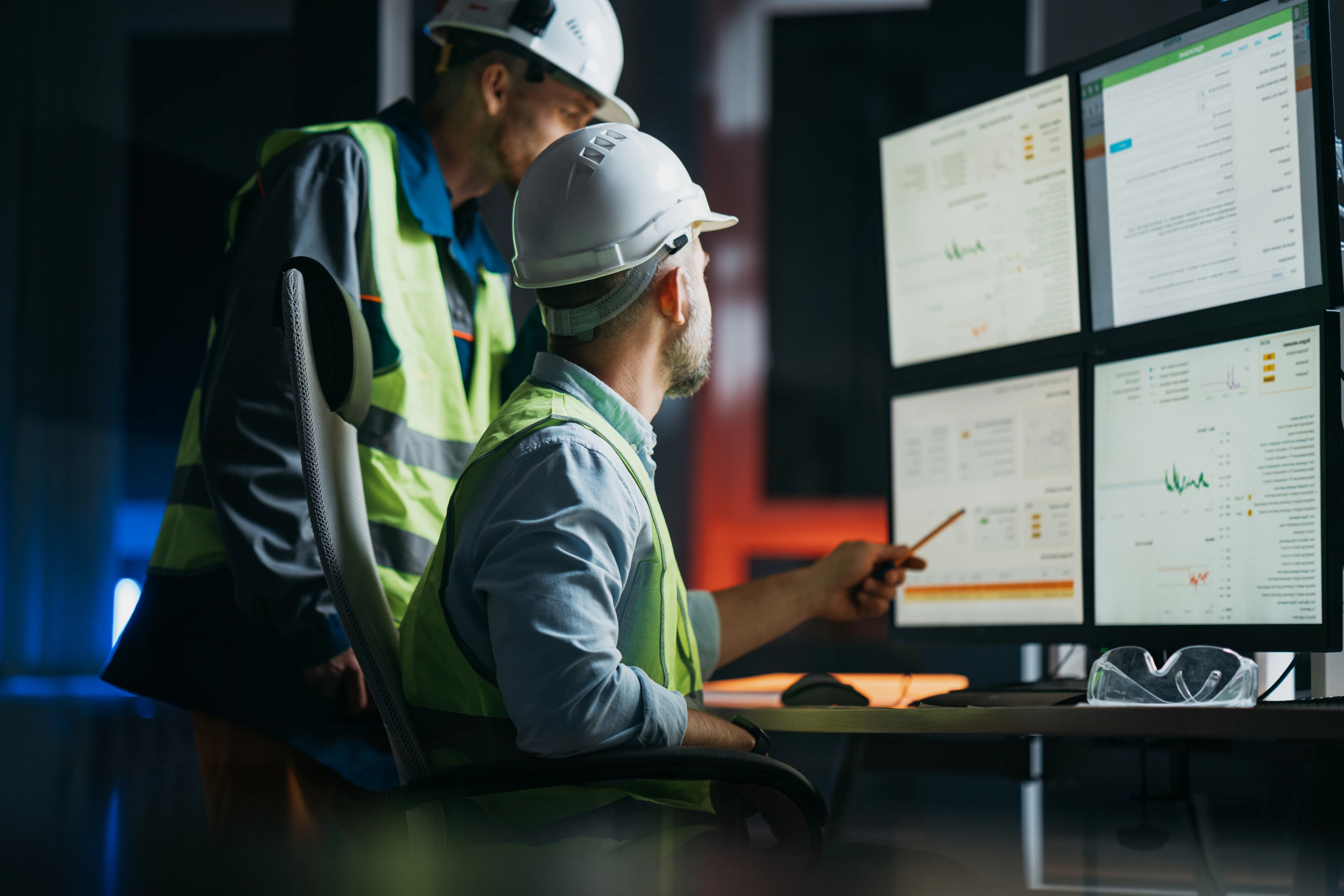 Group of operators control process on product line uses industry 4.0 and digital technology on modern factory
