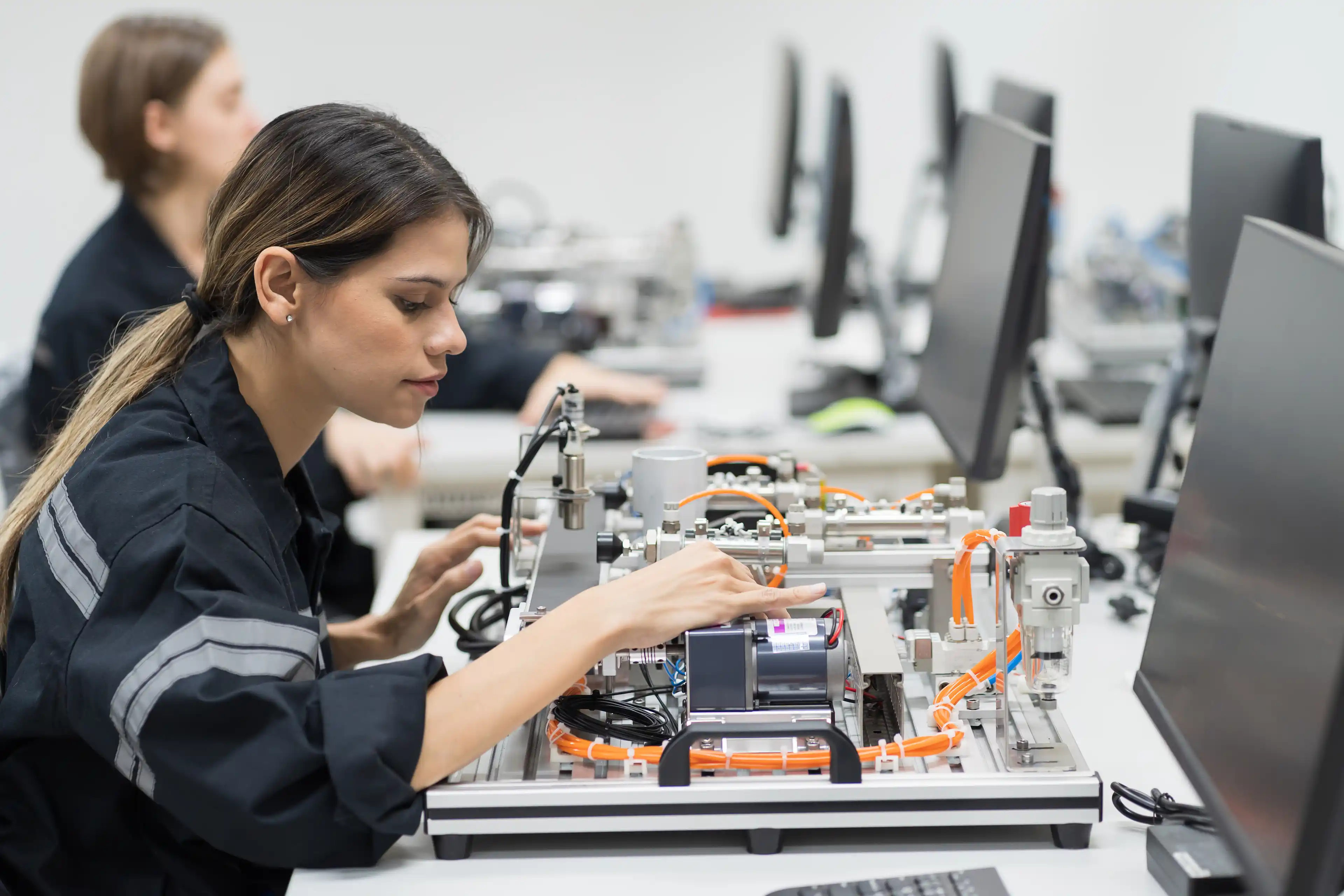 A young woman working with electronics equipment