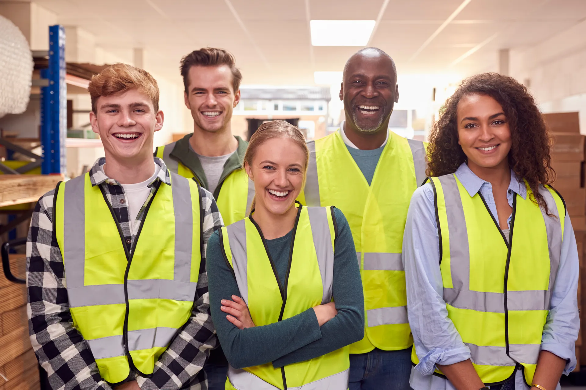 Apprentices smiling at camera with employer in high vis jackets