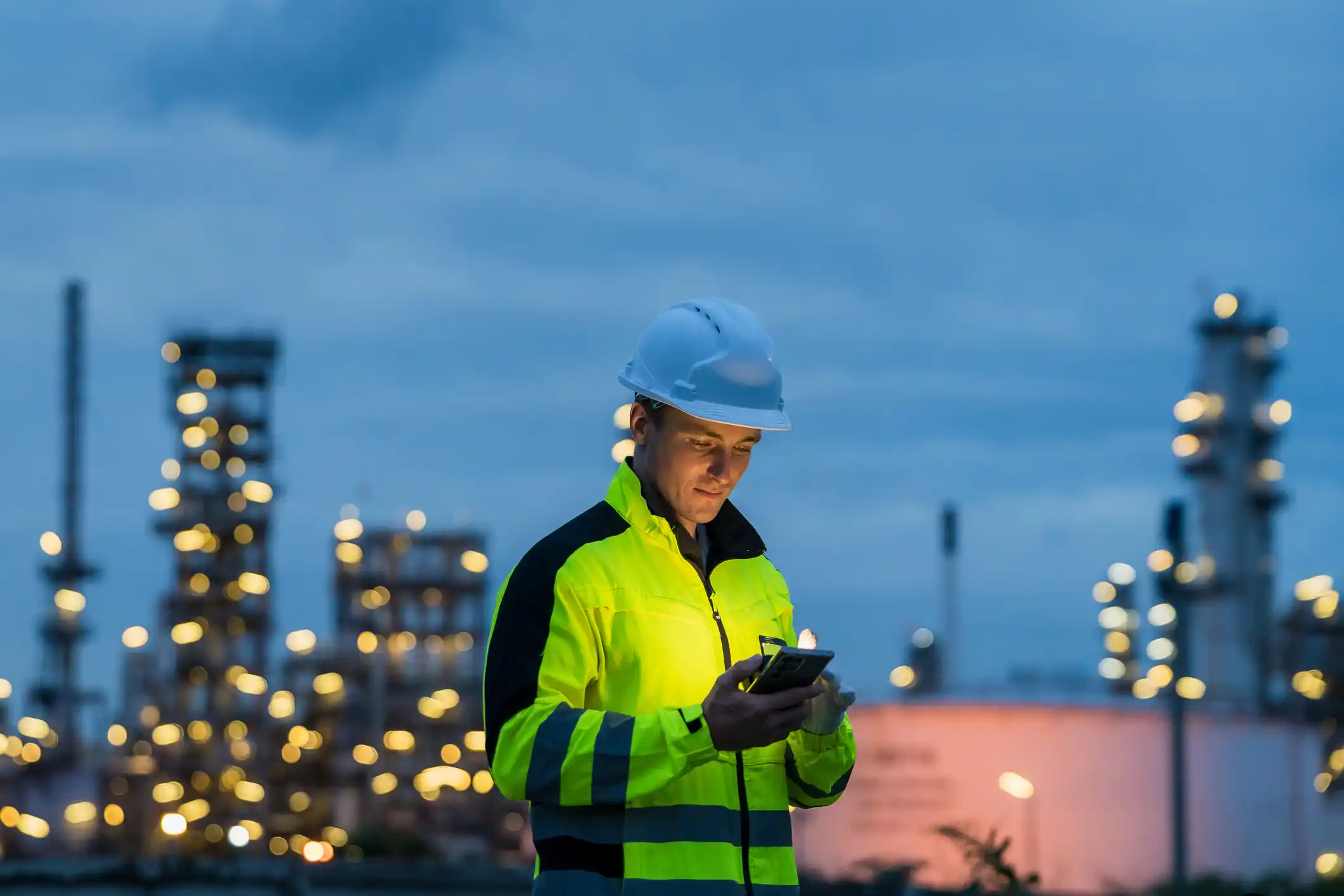 Man wearing a hard-hat in front of an oil and gas plant