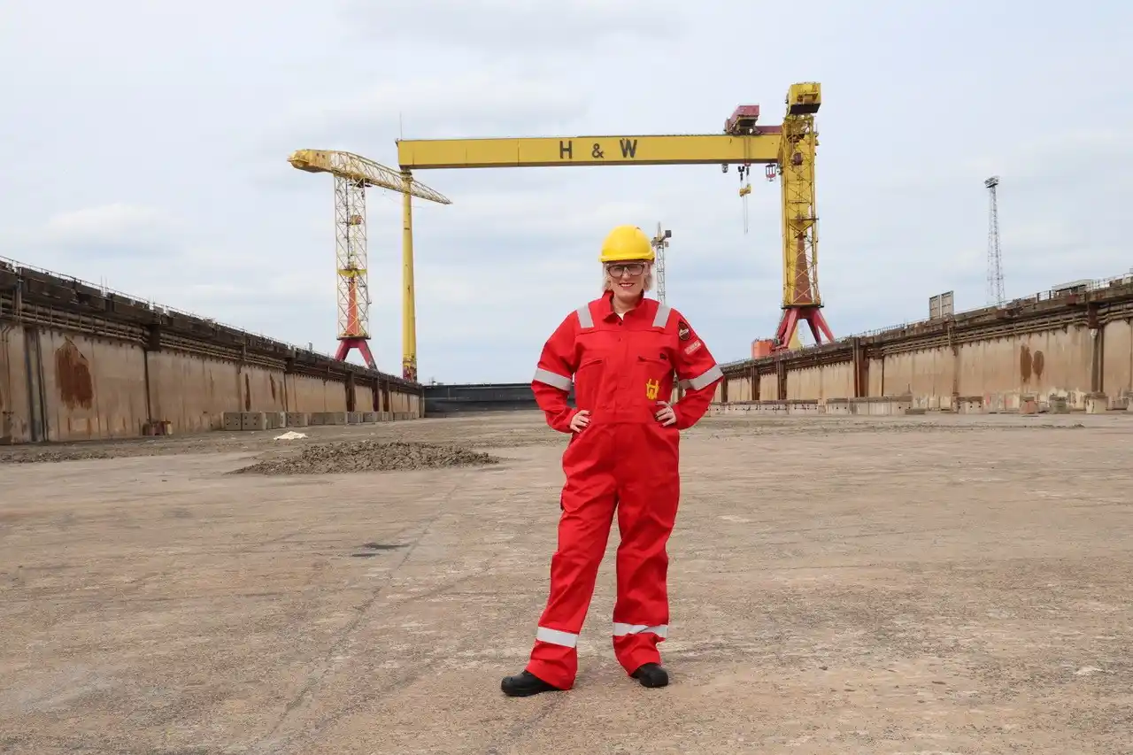 Steph McGovern in high vis outfit at the Harland & Wolff shipyard