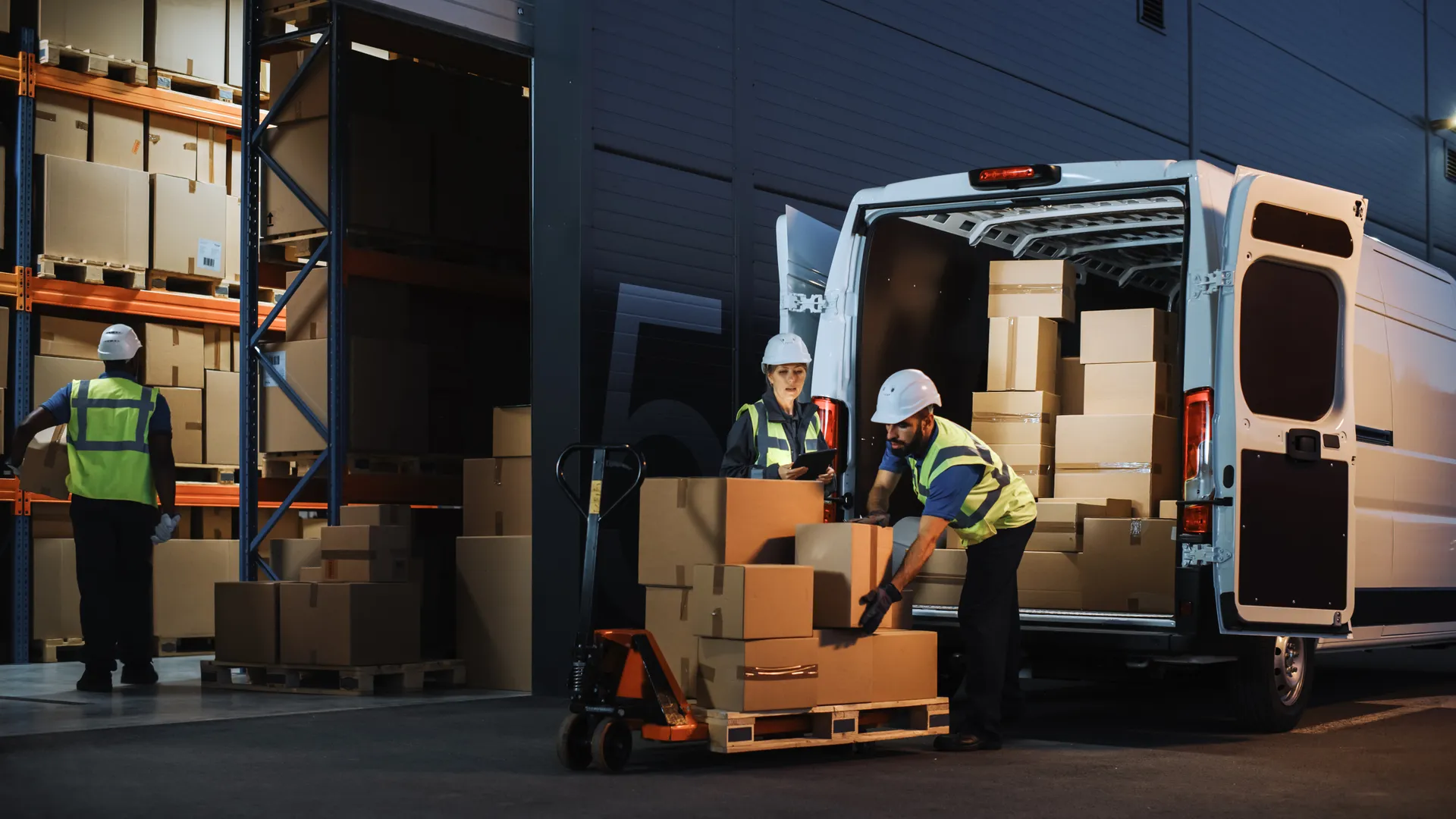 Outside of Logistics Retail Warehouse With Inventory Manager Using Tablet Computer, talking to Worker Loading Delivery Truck with Cardboard Boxes