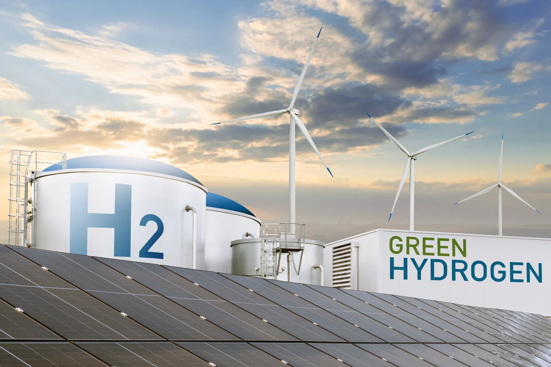 Green hydrogen factory concept. Hydrogen production from renewable energy sources