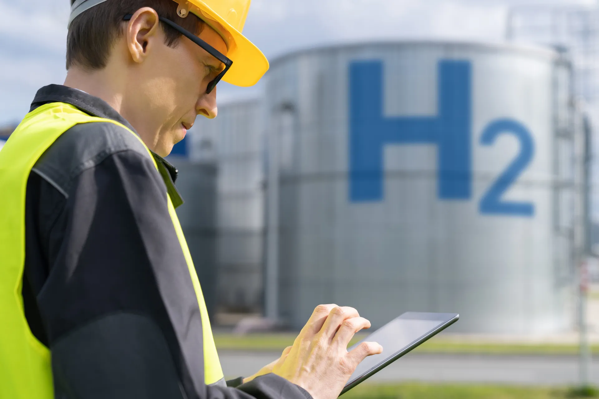 Engineer on a background of Hydrogen factory