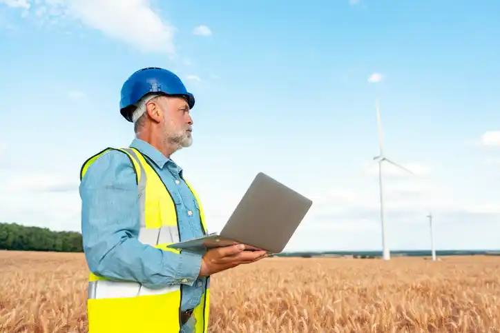 Wind energy specialist monitors turbine operations in field, showcasing sustainable technology and environmental awareness