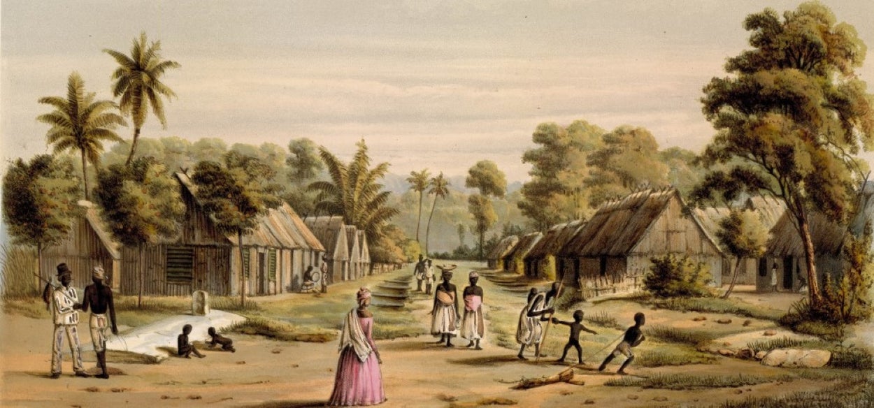 19th century painting of quarters for the enslaved of a plantation in Suriname