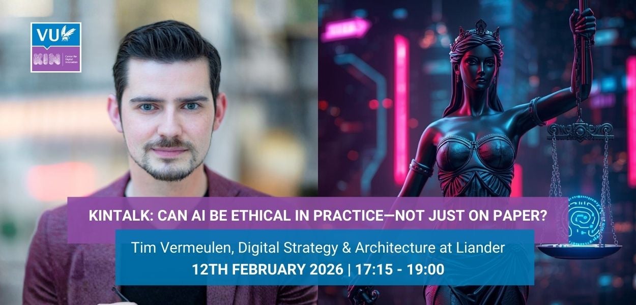 A man beside a statue of Femida, the classical symbol of justice. The scales she holds are reimagined with elements of artificial intelligence, suggesting algorithms and data balancing the weights.