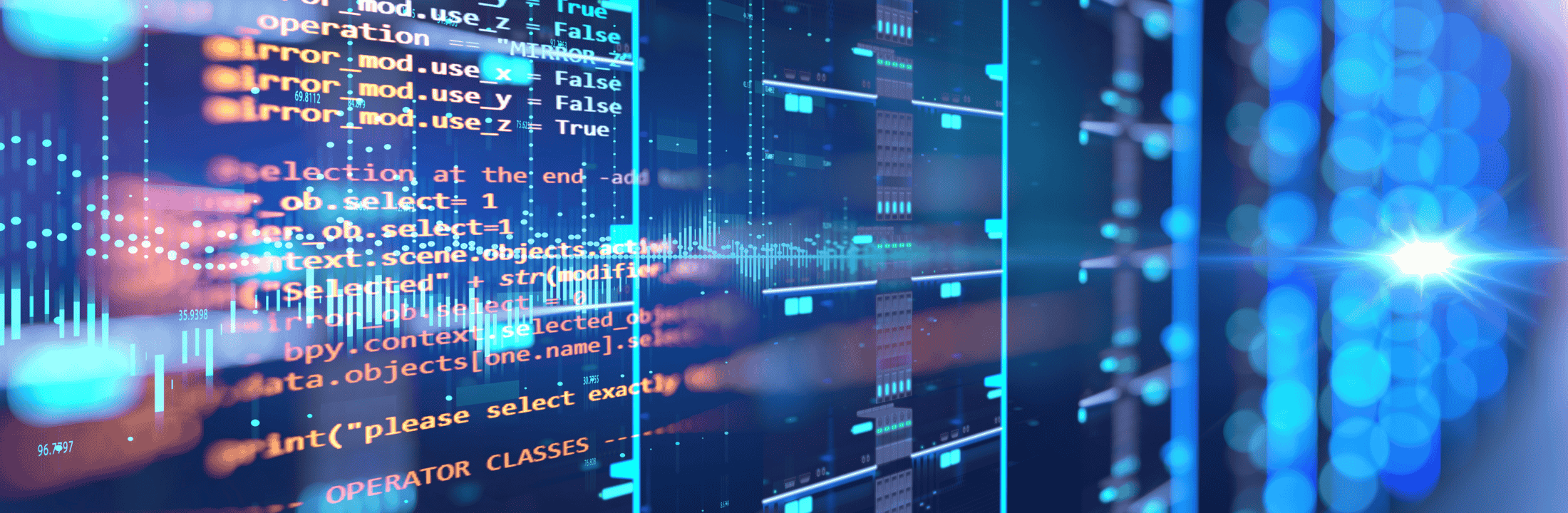 Various lines of code shown at an angle on a futuristic computer screen.