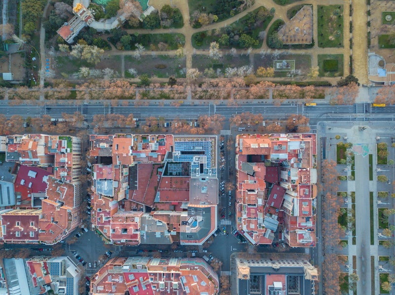 A city with many buildings and roads