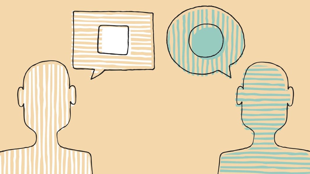 wo figures with speech bubbles above their heads: one square-shaped, the other round.