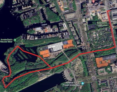 The mapped-out walking route for a one-hour walk from the VU through the Amsterdam Forest.
