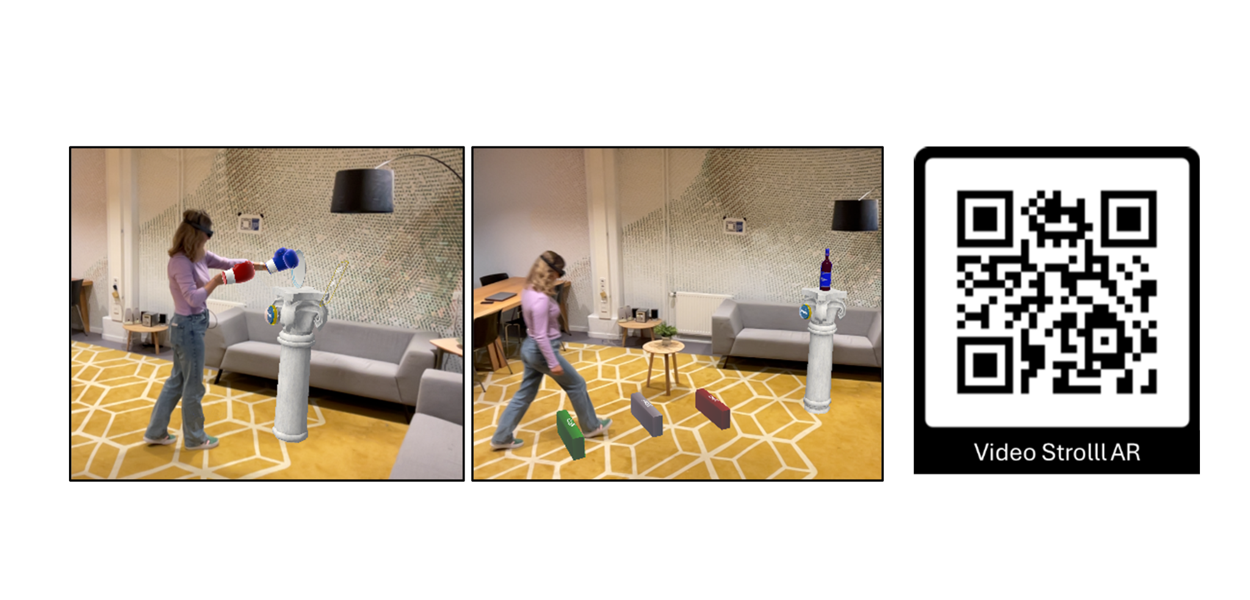 Boksen om het lopen en de balans te verbeteren (links) en visuele hordes om het lopen te ondersteunen (midden). U kunt de QR-code (rechts) scannen voor filmpjes van de spellen van Strolll.