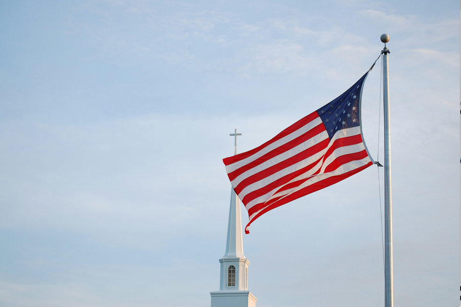 A church and the American flag