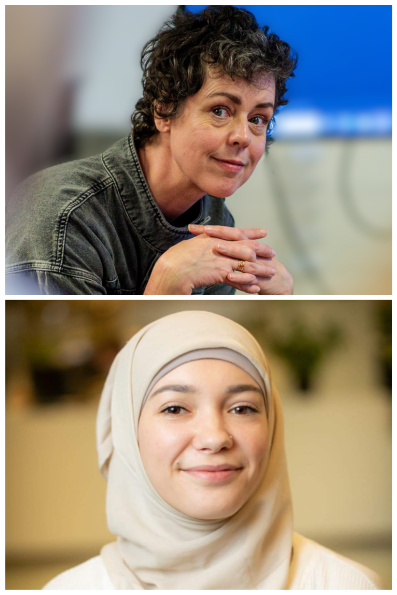 Two portraits of Miranda van Holland an Selma Boulmalf in a collage