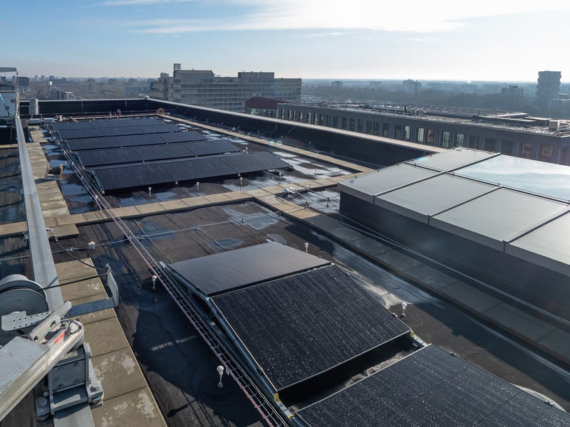 Solar panels on a roof of a building on the VU campus