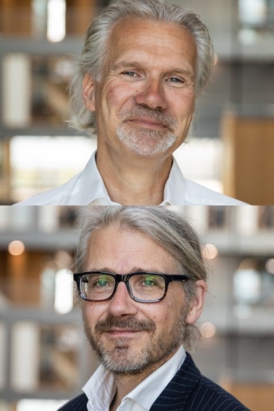 Portrait photo of Marco van Gelderen and Brian Tjemkes of VU School of Business and Economics 