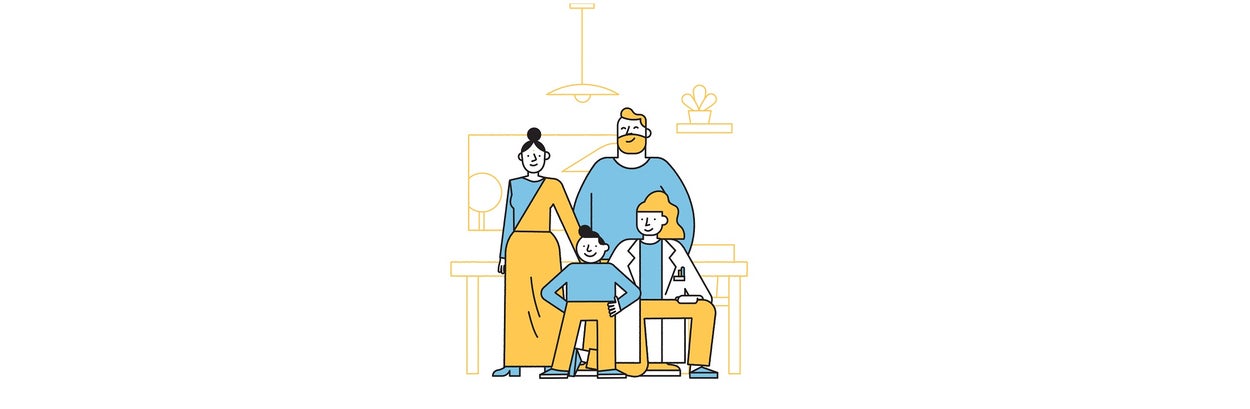 Illustration with mother, father, son and care worker in white coat