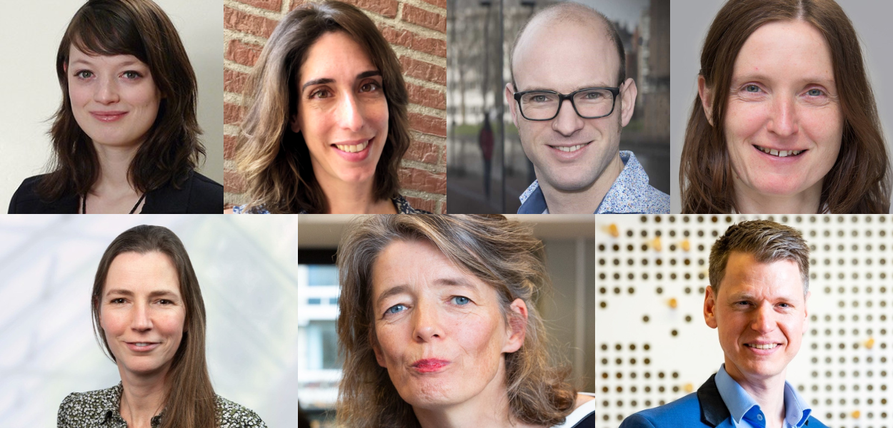 Collage of VU Comenius grant 2024 winners' portraits: Laura Rupp, Jorim Tielbeek, Yvette Taminiau, Marieke Toffolo, Elza van Deel, Jan Baan and Marloes Jansen.