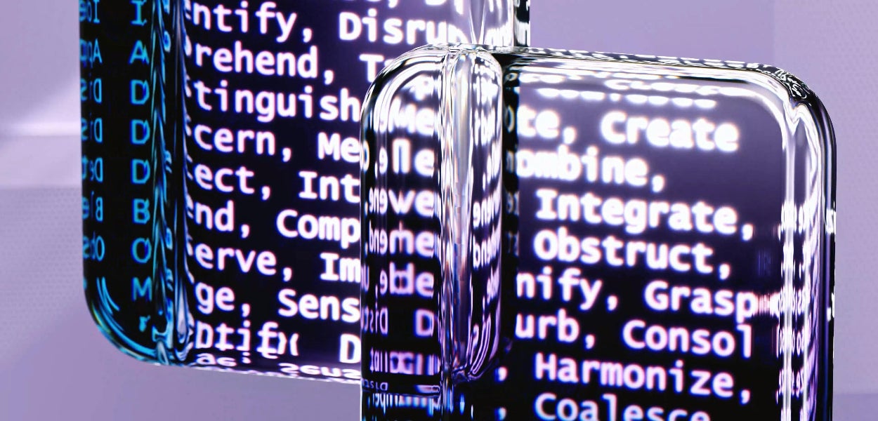 Een afbeelding van transparante kubussen waarop Engelse woorden geprojecteerd worden. 