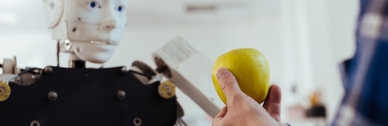 Human shows apple to robot