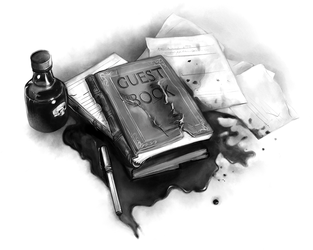 A battered Guest Book sits on top of a small pile of torn pages and a large spilled puddle of dark ink