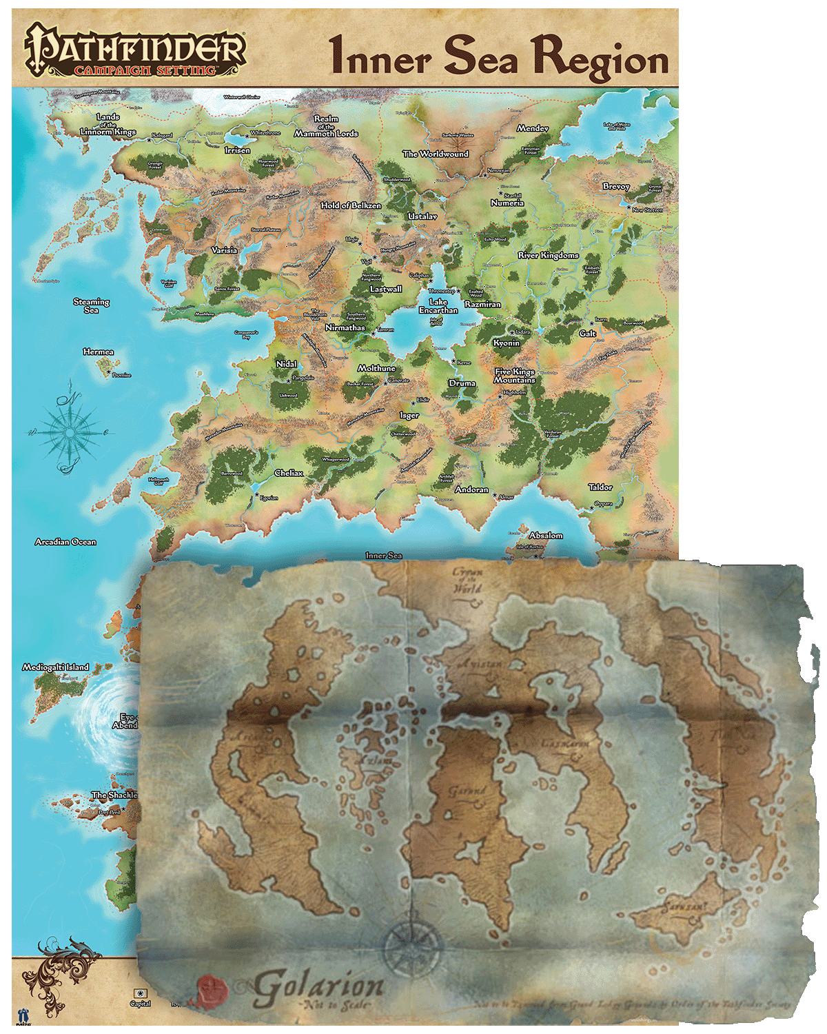 Two separate images of maps, one horizontal map of Golarion and a vertical map of the Inner Sea Region.